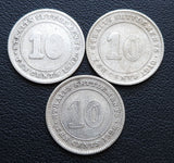 1902, 1910, 1926 Straits Settlements 10 Cents Silver Coins - Lot of 3