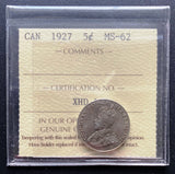 1927 Canada 5 Cent Nickel Coin *** ICCS Graded MS-62 ***